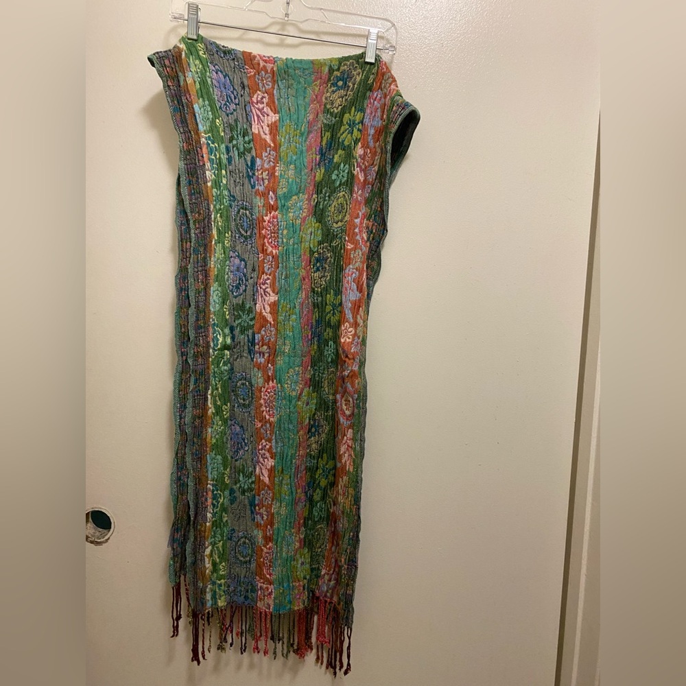 Chelsey II Boho Print Scarf 15” W X 75” Long Turquoise Orange Fringe Viscose